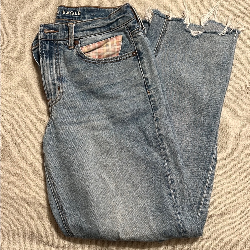 American Eagle Outfitters Blue Straight Leg Jeans with Distressed Details